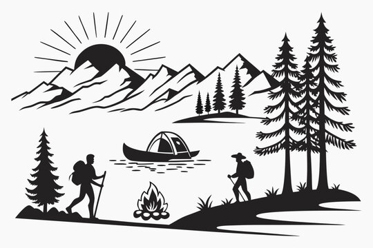Mountain hiking adventure landscape scene with mountain adventure wilderness landscape backpacking exploration silhouette illustration