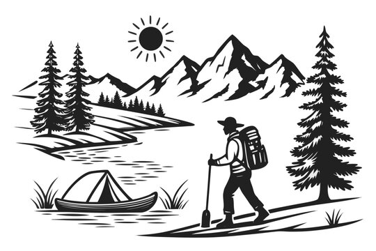 Hiker walking in mountain landscape graphic with mountain adventure backpack landscape wilderness exploration trekking silhouette illustration activity