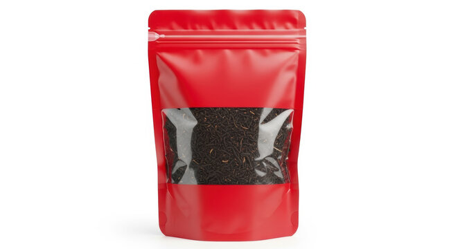 Red fabric pouch with black logo and zipper closure