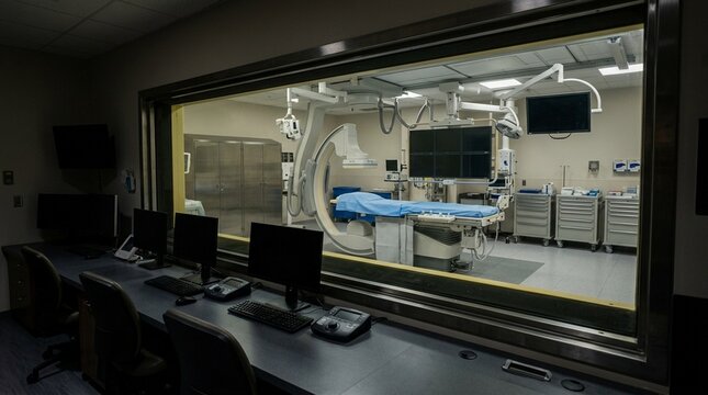 Shielded control booth window overlooking an empty interventional suite - Medical Imaging & Radiology Equipment Stock Photo