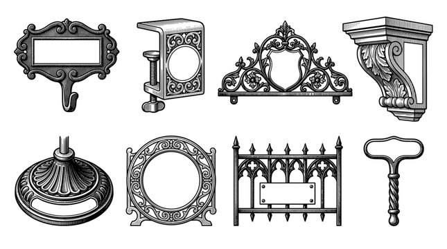 Set of vintage architectural and decorative elements in hand-drawn engraving style including frames, brackets, and hardware