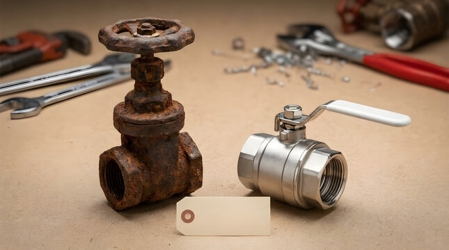 Comparison of rusty gate valve and stainless steel ball valve on workbench