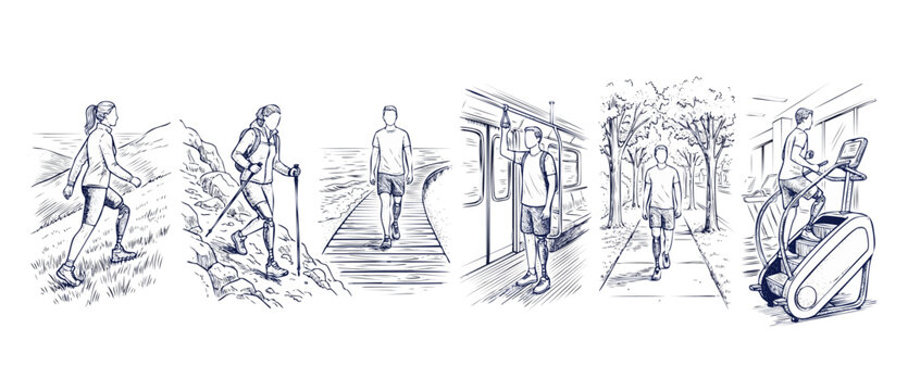Prosthetic leg amputee active lifestyle sketch of disabled men and women hiking commuting exercising and walking in daily routines promoting inclusion resilience accessibility and rehabilitation theme