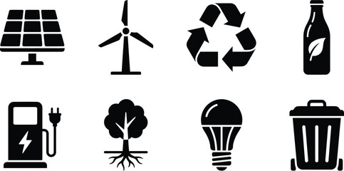 Fototapeta premium Eco and renewable energy silhouette icon set featuring solar panel, wind turbine, recycling, EV charging, tree and sustainability symbols