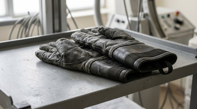 Protective lead gloves resting on a fluoroscopy equipment shelf - Medical Imaging & Radiology Equipment Stock Photo