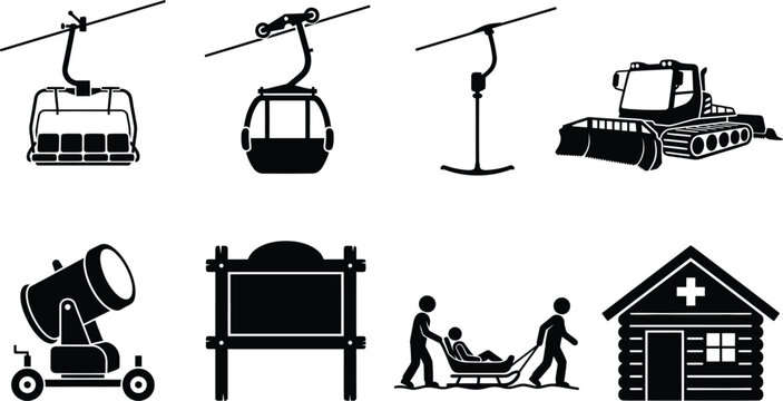 Winter ski resort silhouette vector bundle featuring chairlift, gondola, snow groomer, rescue sled, snow cannon, and mountain service icons