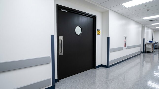 Lead-lined door mounted at the entrance of an interventional radiology suite - Medical Imaging & Radiology Equipment Stock Photo