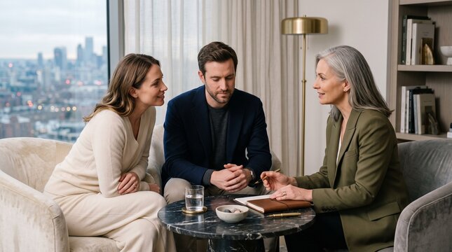 Affluent Couple Receiving Financial Guidance In Penthouse Sitting Room