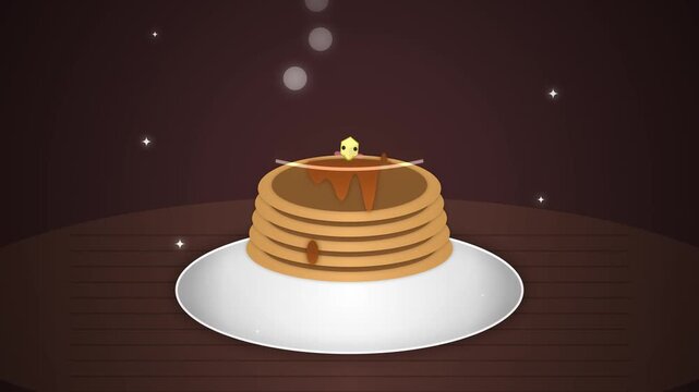 Animated stack of pancakes with dripping syrup on a plate
