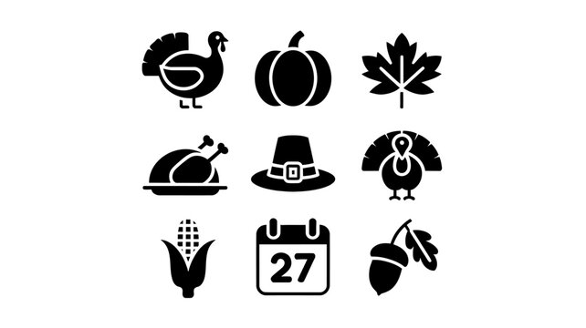 Thanksgiving Set of black silhouette icons for Thanksgiving featuring turkey pumpkin maple leaf cooked meal pilgrim hat and calendar