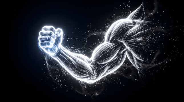 AI-generated photorealistic light energy sculpted into a powerful human arm, symbolizing action, strength, and athletic excellence, dark cinematic background