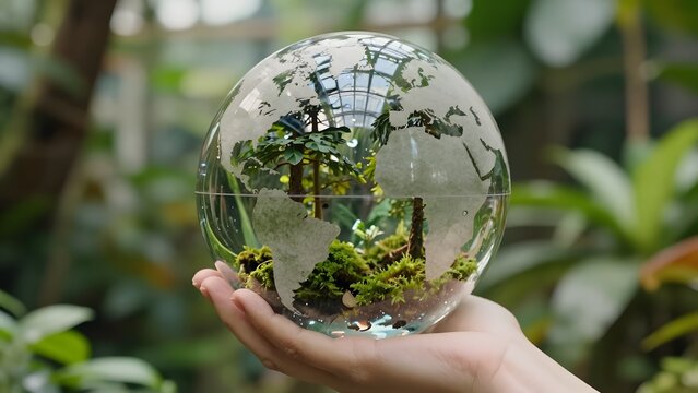 133. [STYLE] of hands holding a transparent globe with a forest inside showing a glass sphere terrarium of miniature trees with curved reflections and moss textures, gentle conservatory daylight, bota