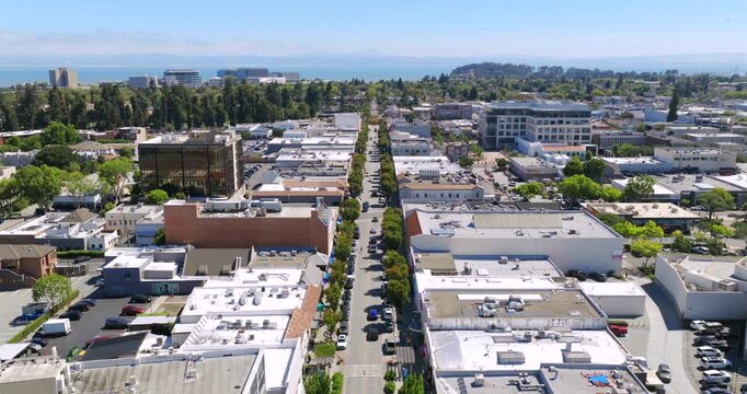 Burlingame California - Aerial Shot of Burlingame Ave Stores & Restaurants Facing East on Sunny Summer Day