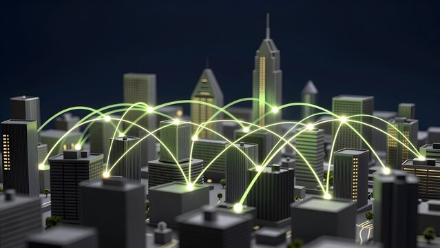 189. [STYLE] of 5G-era connection arcs over a city model showing luminous parabolas linking rooftop nodes across a miniature downtown with light-thread and matte-model textures, dark staged lighting w