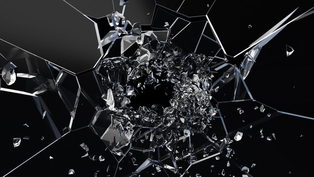Abstract background with shattered glass fragments and cracks, 3d render of broken glass texture, explosion effect with sharp shards on black