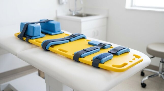 Pediatric immobilization board with soft foam restraints laid on an exam table - Medical Imaging & Radiology Equipment Stock Photo