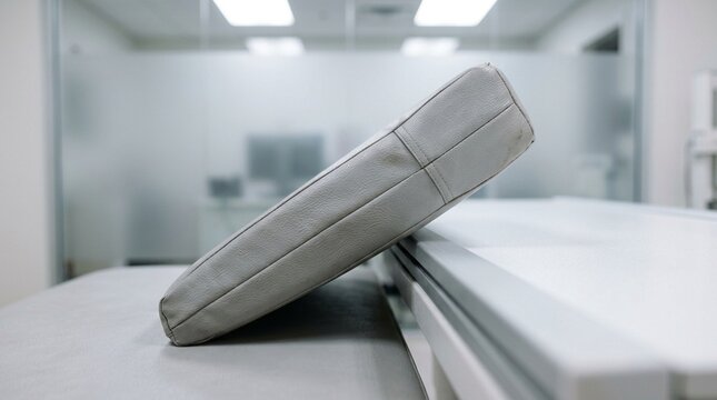 Lateral decubitus wedge cushion tilted against an empty imaging table - Medical Imaging & Radiology Equipment Stock Photo
