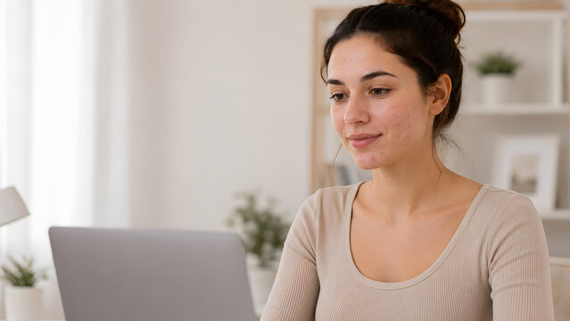 Young woman with acne-prone skin joins an online skincare consultation from home using a laptop.
