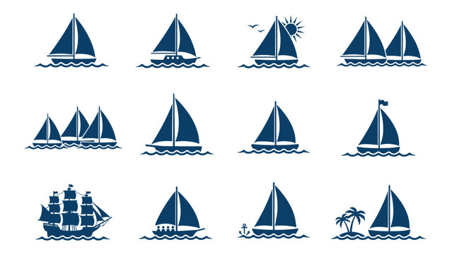 sailboat icons set silhouette vector maritime symbols