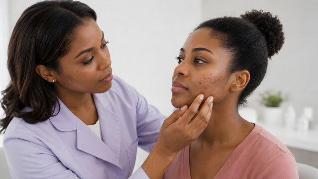 Skin specialist examines a Black woman's acne-prone jawline during a professional clinic consultation.