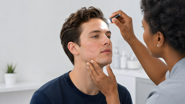 Beauty professional applies a targeted treatment to a young man's acne-prone forehead in a clinic.
