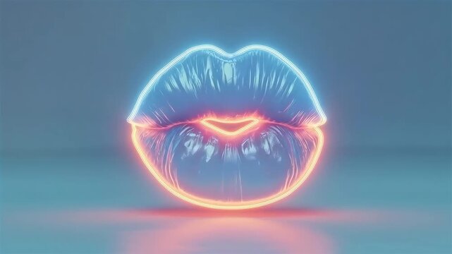 AI fluidity 3D render of glass lips closing into a gentle kiss with glowing neon neon lines. Abstract futuristic loop backdrop for beauty, cybersecurity, digital identity, and tech aesthetics.