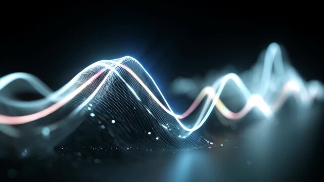 Abstract cinematic 3D render of neon light waves rhythmically oscillating up and down. High-tech resonance data visualization loop for quantum computing, fintech, and AI fluidity concepts.