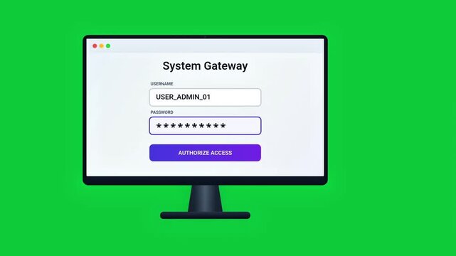 Green screen animation of a system login process with multi factor authentication and security token