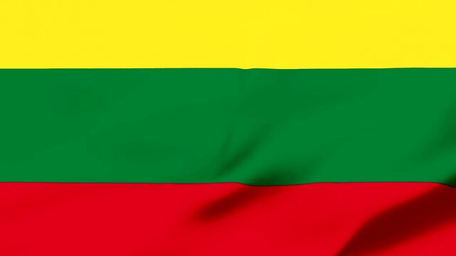Close-up of the national flag of Lithuania waving in the wind, featuring its distinctive yellow, green, and red
