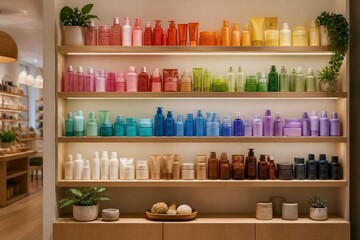 Obraz premium Shelf of colorful cosmetic bottles arranged by color in store