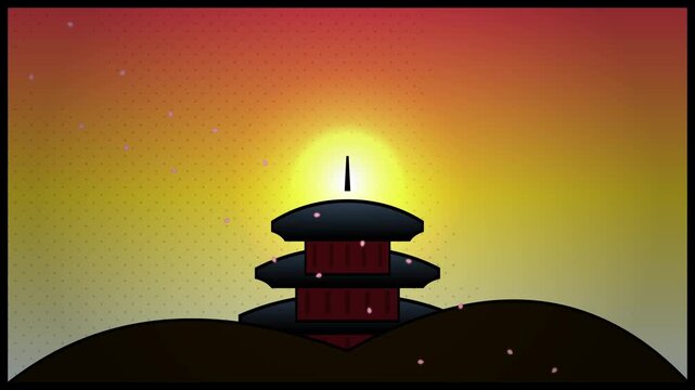 Stylized Japanese Pagoda Silhouette at Sunset with Petals