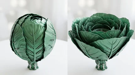 Detailed mechanical cabbage plant sculpture crafted with metallic green leaves and intricate industrial gear base parts © saim