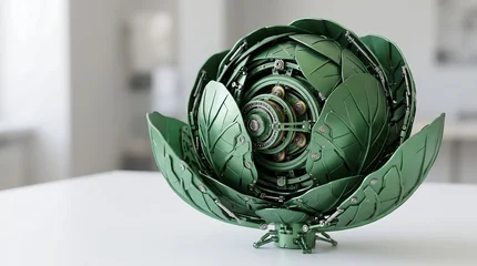 Intricate mechanical cabbage sculpture featuring realistic metallic green leaves and complex internal gold gear clockwork mechanisms © saim
