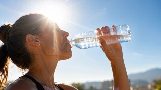 Dehydrated woman drinking water in intense sun, heatstroke prevention, heat exhaustion risk, dizziness fainting muscle cramps sunburn, high uv index, outdoor work safety, cooling station