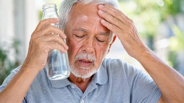 Senior man suffering from heat exhaustion holding cold water bottle during extreme heatwave, dehydration symptoms, heat stress, summer health risks, climate change and overheating prevention