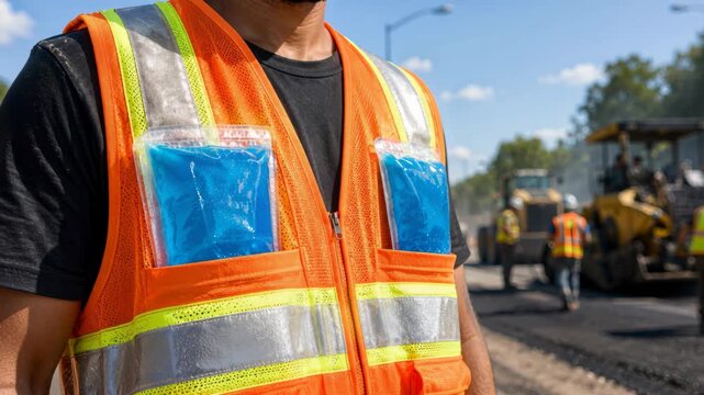 Cooling gel packs in road worker safety vest, heat stress prevention during asphalt paving, high uv index, dehydration, mandatory rest breaks, water access, outdoor labor health protection