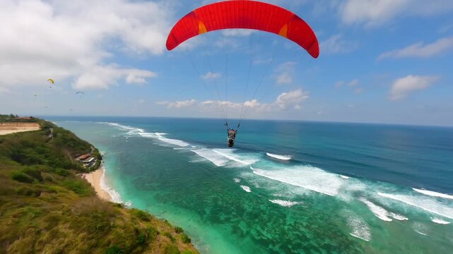 Cinematic FPV drone shot of paragliding above the cliffs of Pandawa Beach in Bali, Indonesia. Aerial view of the Indian Ocean, turquoise water, dramatic coastline, and tropical scenery.