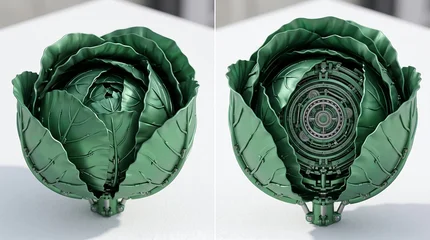 Detailed mechanical cabbage featuring intricate metallic green leaves and complex interior gears on white surface © saim