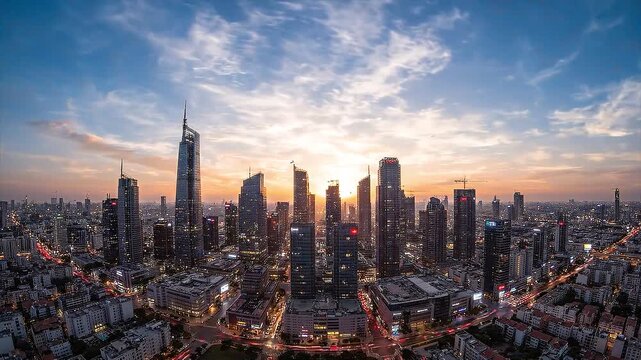 Panoramic sunrise timelapse over a modern metropolis. Golden hour light washes the skyline as clouds race overhead and the city awakens, with early traffic beginning to flow. Clean, brand‑free urban p