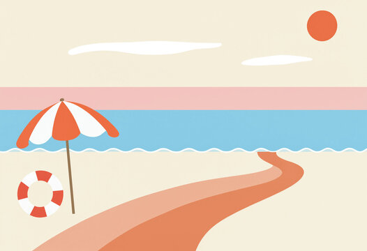Minimalist Beach Scene with Red Umbrella and Lifebuoy, Geometric Shapes and Pastel Colors for Summer Travel and Vacation Design Projects
