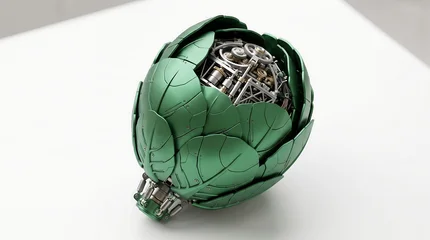 Metallic green artichoke sculpture featuring complex internal clockwork gears and intricate mechanical leaf petal details © saim
