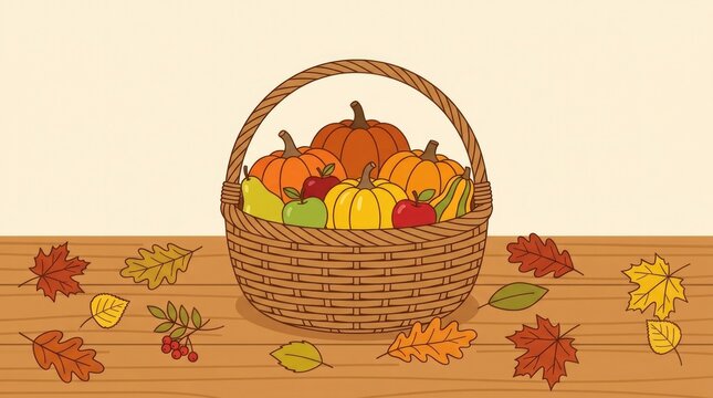 On the table, a woven basket filled with pumpkins and autumn fruits is surrounded by leaves. Flat vector illustration 2D forms, clear silhouettes, fla