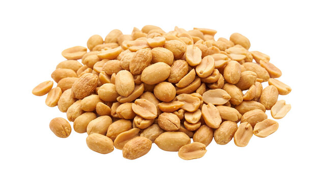 Roasted peanut halves and whole nuts piled together in large heap isolated on transparent background for snack food advertisement.
