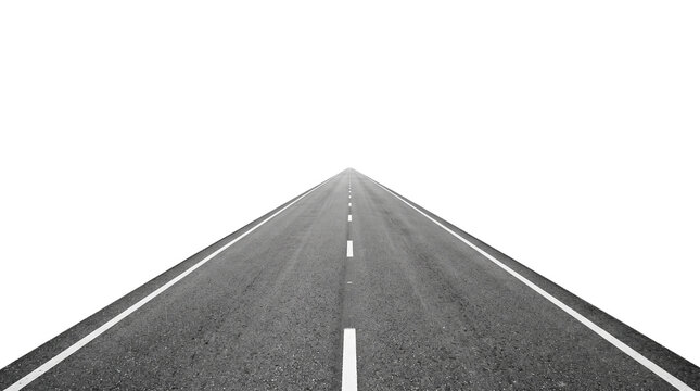 A long straight asphalt road stretching into the distance with white lines under a clear checkered sky, empty highway.