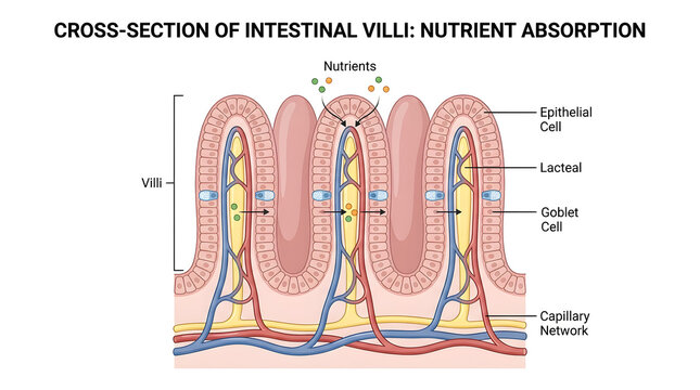 Educational diagram of intestinal villi and nutrient absorption processes with intestine