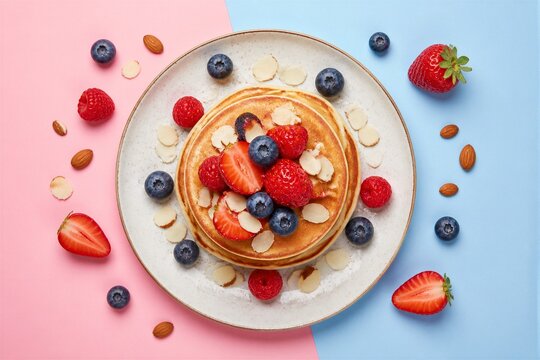 Stack of pancakes topped with berries on pastel background