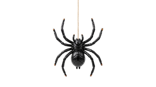 Black toy spider hanging on string isolated on transparent background for halloween horror themed party decorations or scary prank.