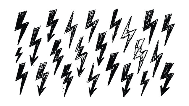 Collection of various stylized lightning bolt vector icons in transparent background