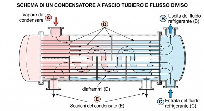 condensatore a fascio tubiero e flusso diviso