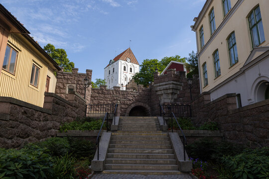 Stone Staircase Leading Up To Medieval Holy Cross Church In Ronneby Sweden